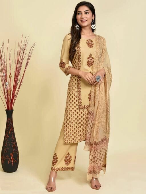 Women's Fawn Coloured Printed Kurta Set with Palazzos and Dupatta
