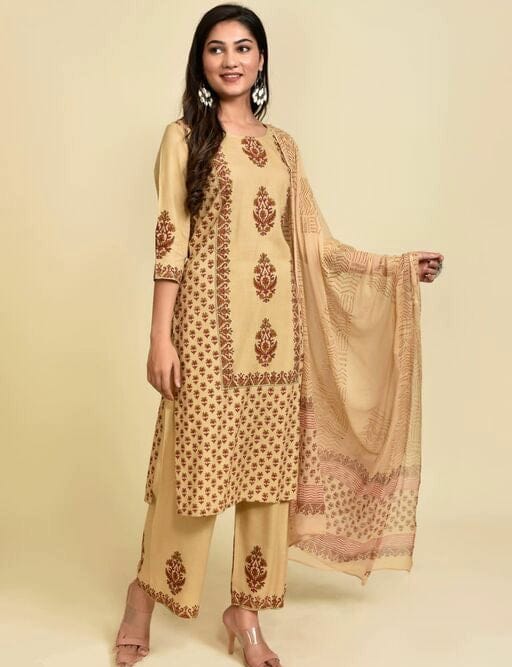 Women's Fawn Coloured Printed Kurta Set with Palazzos and Dupatta