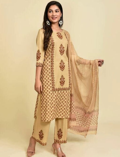 Women's Fawn Coloured Printed Kurta Set with Palazzos and Dupatta