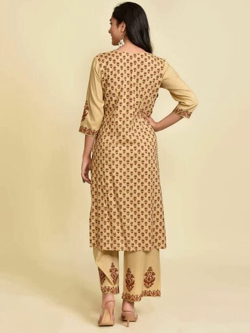 Women's Fawn Coloured Printed Kurta Set with Palazzos and Dupatta