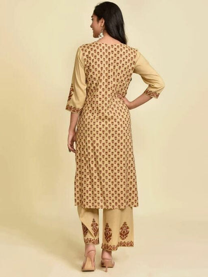 Women's Fawn Coloured Printed Kurta Set with Palazzos and Dupatta