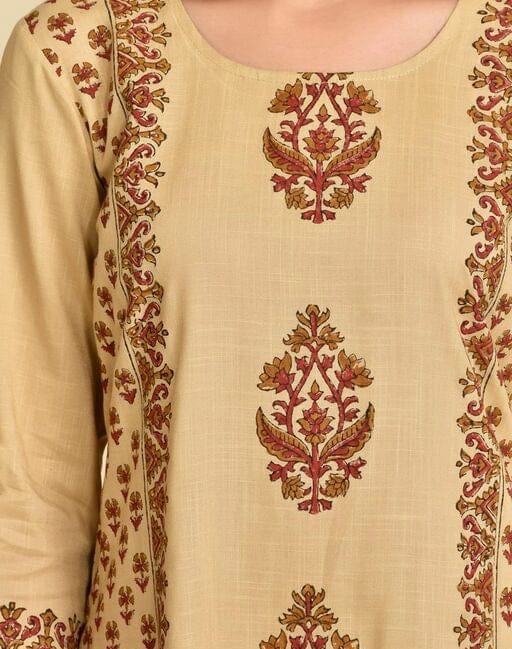 Women's Fawn Coloured Printed Kurta Set with Palazzos and Dupatta