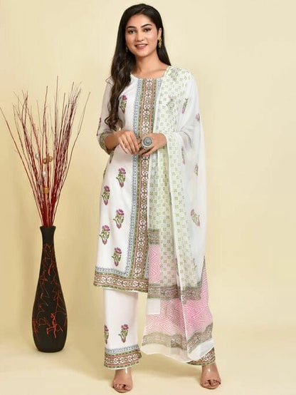 Women's White Coloured Printed Kurta Set with Palazzos and Dupatta