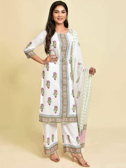 Women's White Coloured Printed Kurta Set with Palazzos and Dupatta