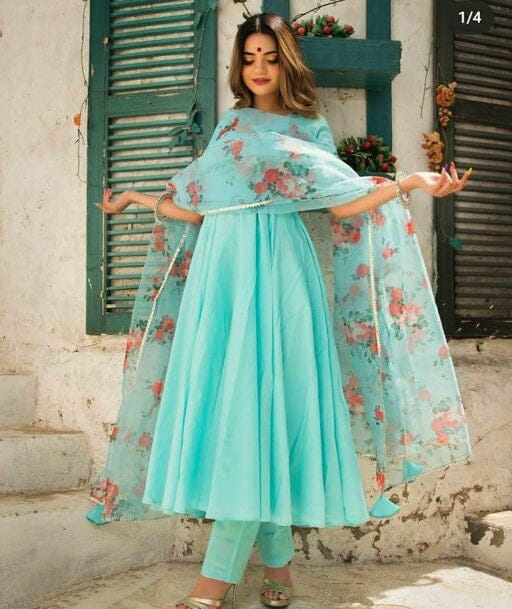 Women Aqua Anarkali Kurta Set with Contrasting Dupatta