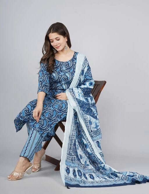 Women's Blue Coloured Printed Kurta Set with Trousers and Dupatta