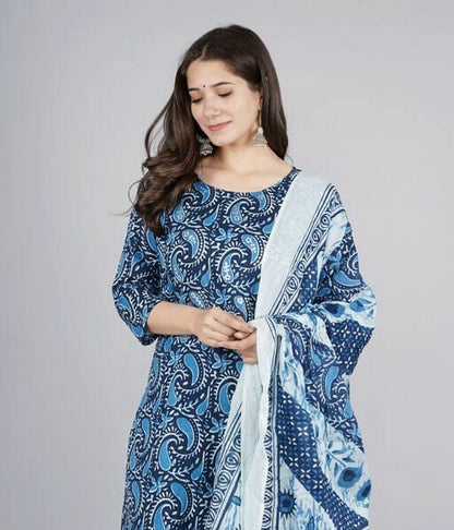 Women's Blue Coloured Printed Kurta Set with Trousers and Dupatta