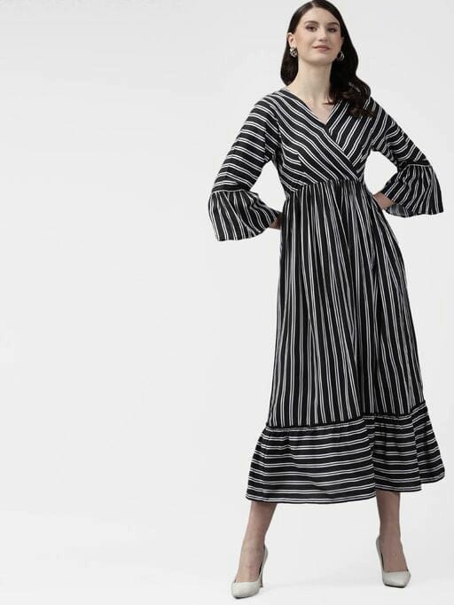 Women Striped Black & White Printed Midi Dress