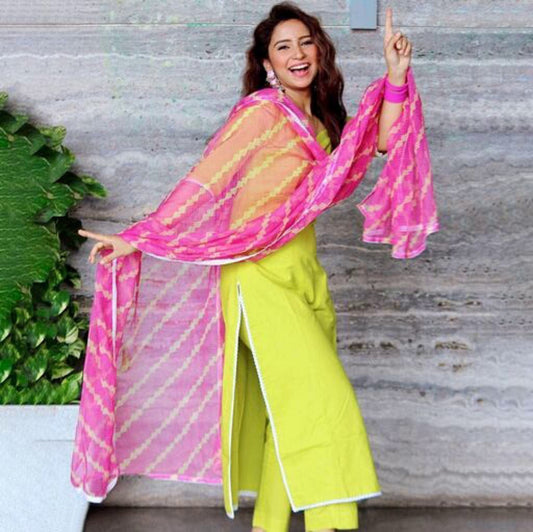 Women's Parrot Green Stylish Kurta Set with Leheriya Dupatta