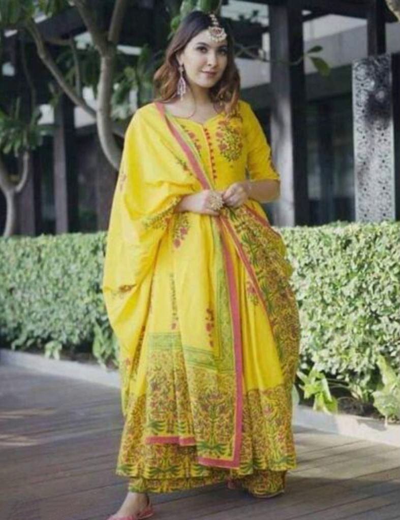 Women's Yellow Coloured Printed Kurta Set with Trouser and Dupatta