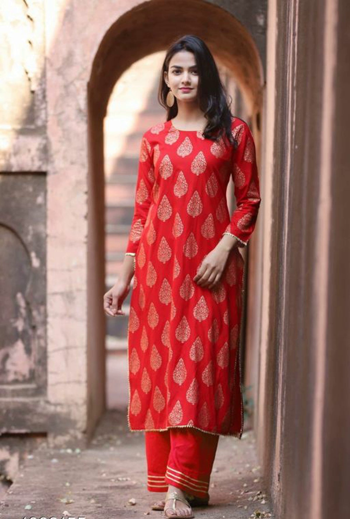Indian Women Red & Golden Foil Print Kurta Kurti Top Tunic Dress New style  | eBay