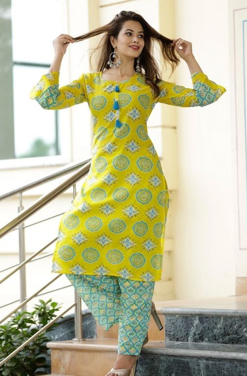 Women's Printed Cotton Kurta Set with Palazzos
