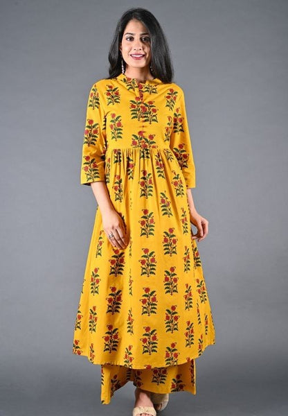 Urban Wardrobe's Women's Yellow Cotton Floral Printed Set