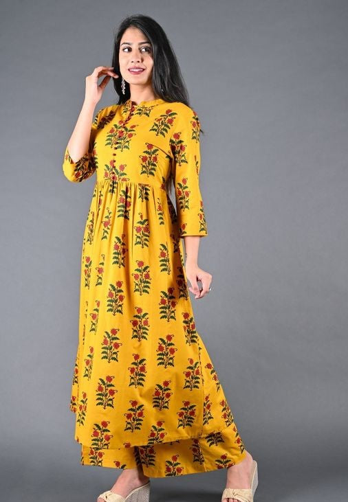 Urban Wardrobe's Women's Yellow Cotton Floral Printed Set
