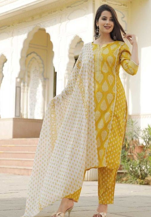 Women's Printed Cotton Kurta Set with Dupatta