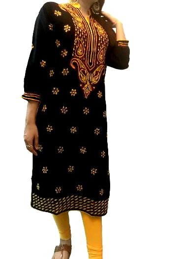 Runjhun Black and Yellow Lucknowi Long Chicken Kurta