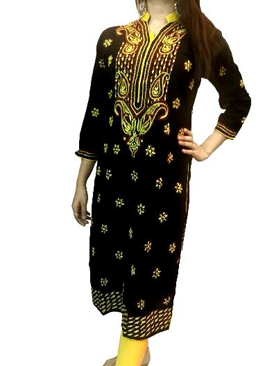 Runjhun Black and Yellow Lucknowi Long Chicken Kurta