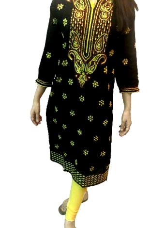 Runjhun Black and Yellow Lucknowi Long Chicken Kurta