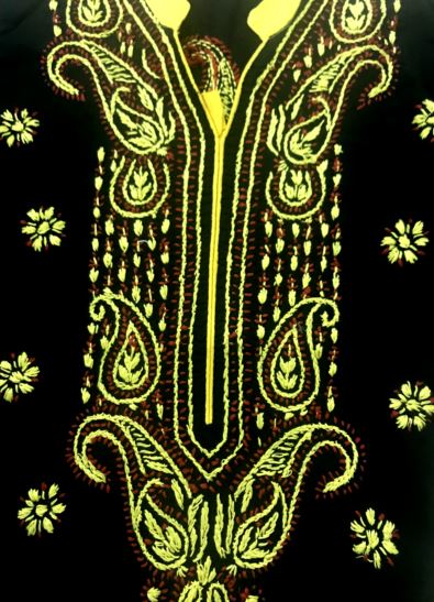 Runjhun Black and Yellow Lucknowi Long Chicken Kurta