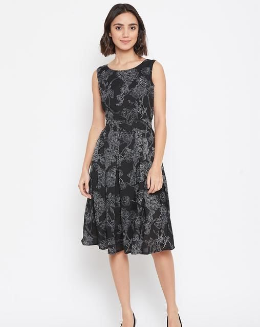 Printed Black Knee-length Dress