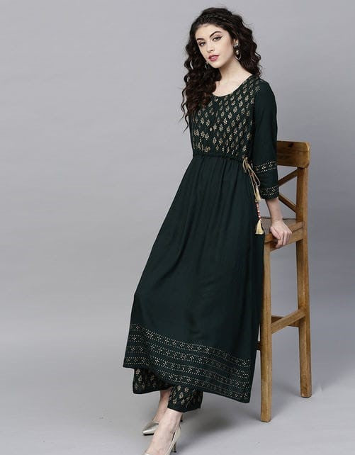 Women's Rayon Bottle Green Kurta Set with Palazzos