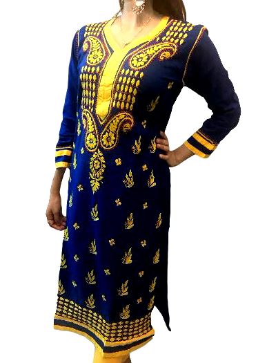 Runjhun Blue and Yellow Long Lucknowi Chicken Kurta
