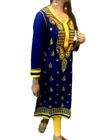 Runjhun Blue and Yellow Long Lucknowi Chicken Kurta