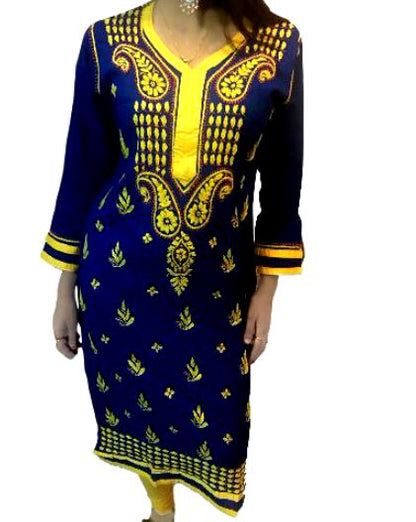 Runjhun Blue and Yellow Long Lucknowi Chicken Kurta