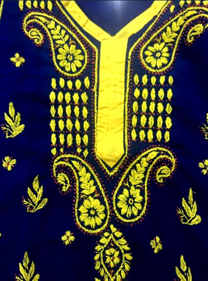Runjhun Blue and Yellow Long Lucknowi Chicken Kurta