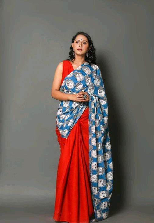 Designer Red and Blue Cotton Saree