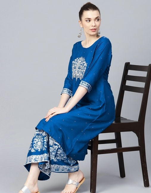 Women's Printed Blue Rayon Kurta Set with Palazzos