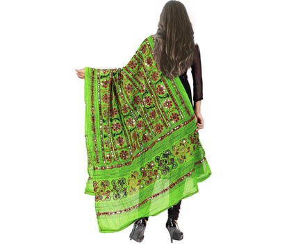 Runjhun Designer Resham Embroidered Cotton Dupatta (Green)