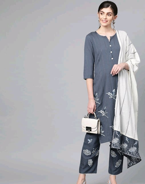 Women's Printed Gray Cotton Kurta Set