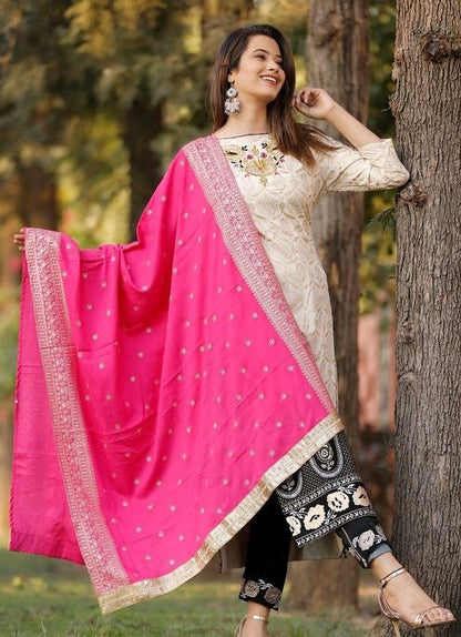 Women's Printed Kurta Set with Electric Pink Dupatta