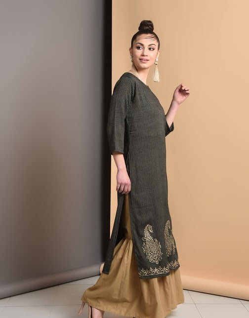Rayon Black and Golden Straight Printed Kurta