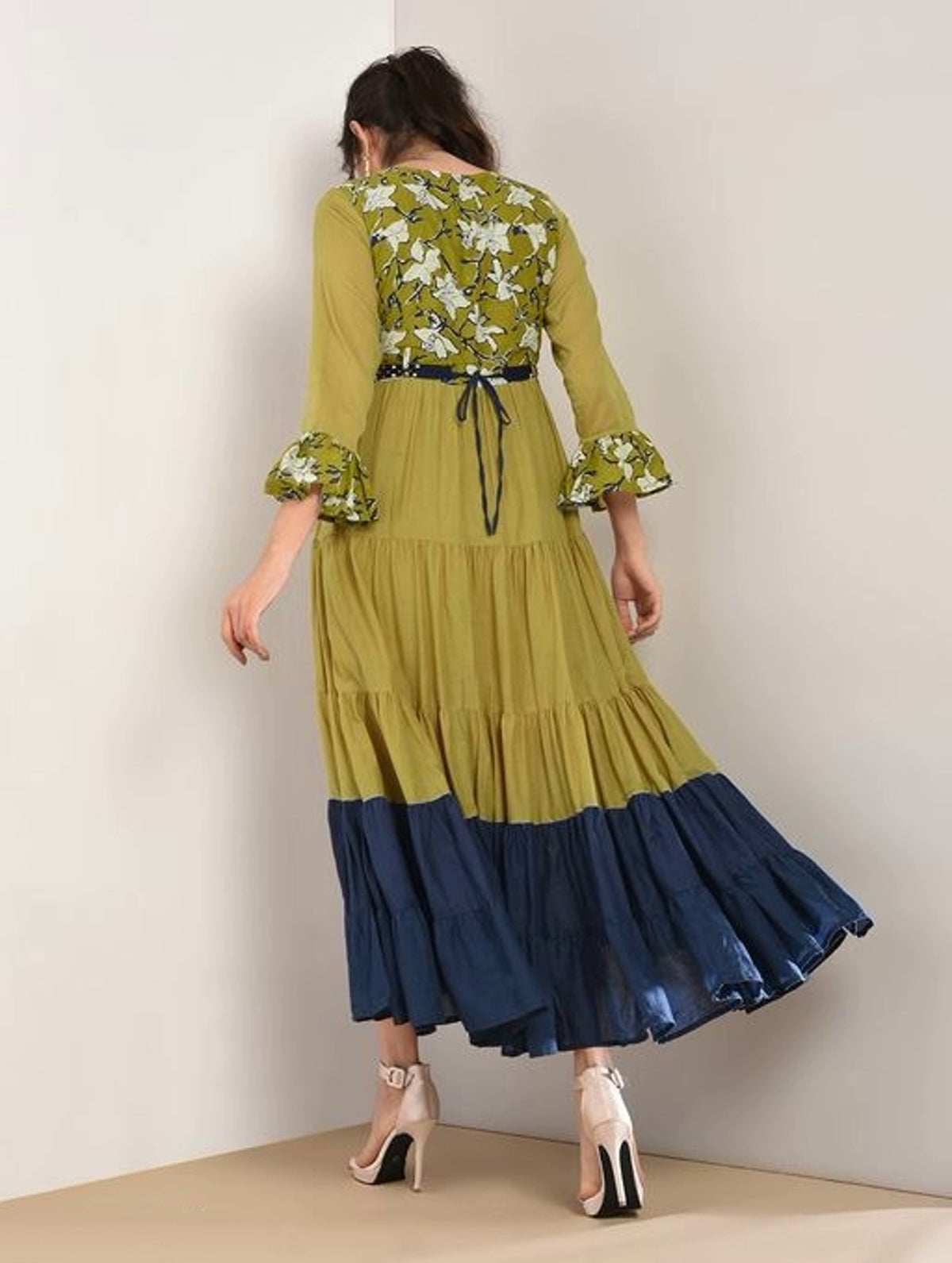 Women's Olive Green and Blue Ruffled Cotton Dress