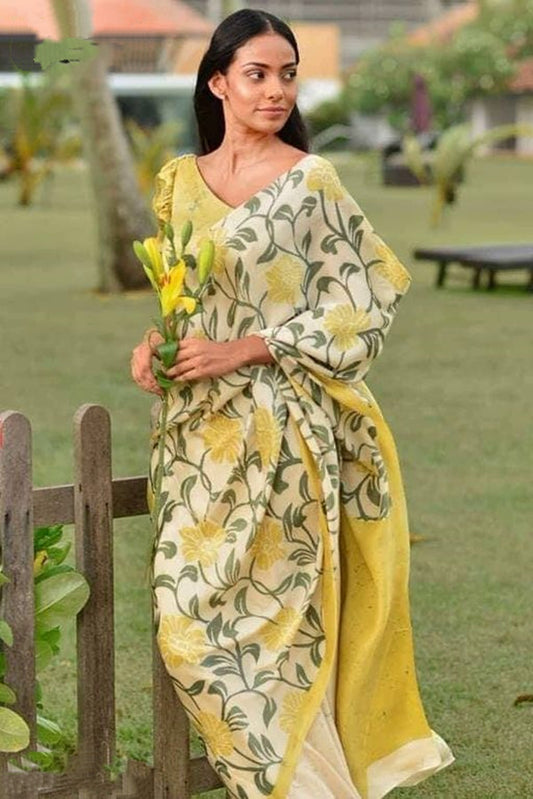 Trending Handblock Printed  Yellow and Cream Floral Printed Saree