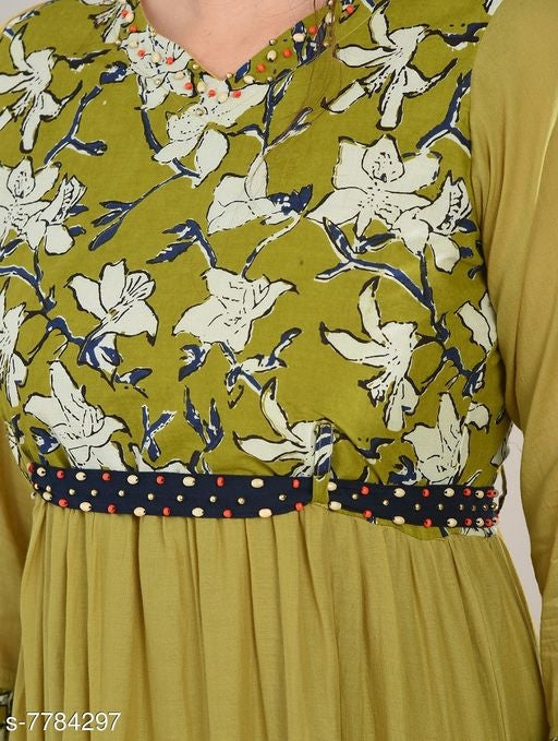 Women's Olive Green and Blue Ruffled Cotton Dress