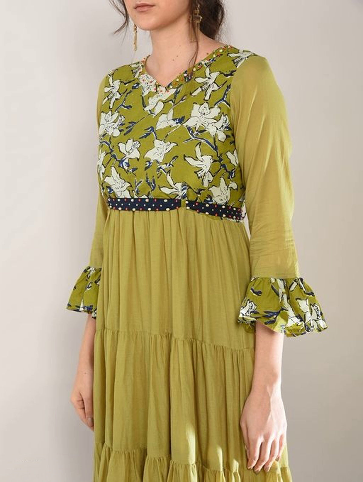 Women's Olive Green and Blue Ruffled Cotton Dress