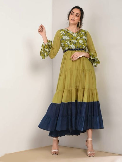 Women's Olive Green and Blue Ruffled Cotton Dress