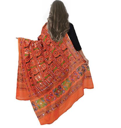 Runjhun Designer Resham Embroidered Cotton Dupatta (Orange)