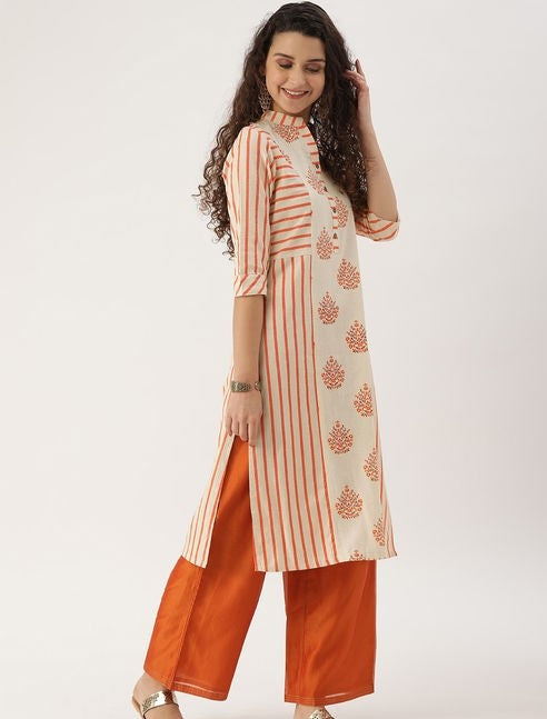 Beautiful Orange and Cream Printed Cotton Kurta