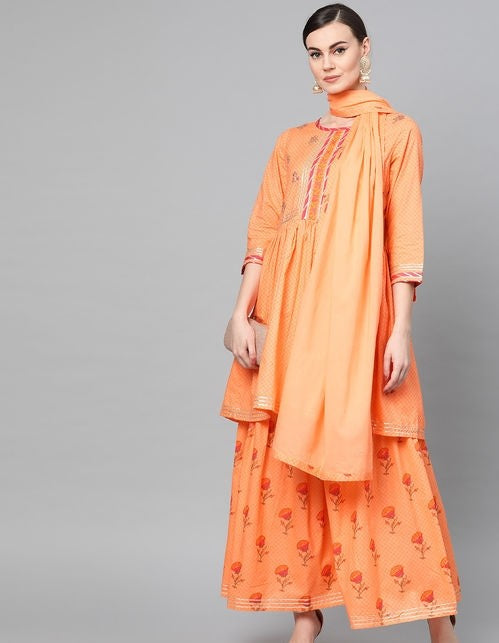 Women's Cotton Orange Printed Kurta Sharara Set