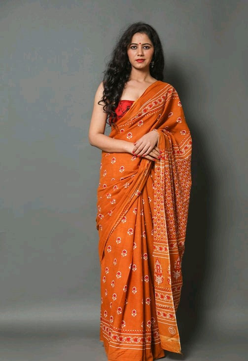 Orange Floral Printed Saree