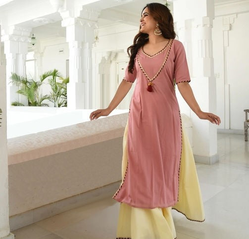Women's Pink Cotton Kurta with Skirt