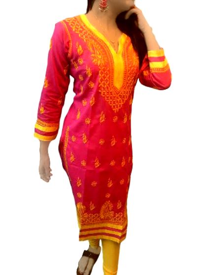 Runjhun Pink and Yellow Lucknowi Chikan Long Kurta