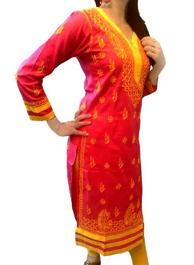 Runjhun Pink and Yellow Lucknowi Chikan Long Kurta