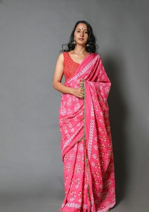 Designer Lace Pink Cotton Saree