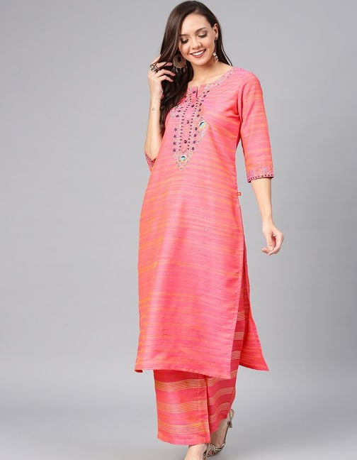 Women's Embroidered Polyester Pink Kurta Set With Trousers