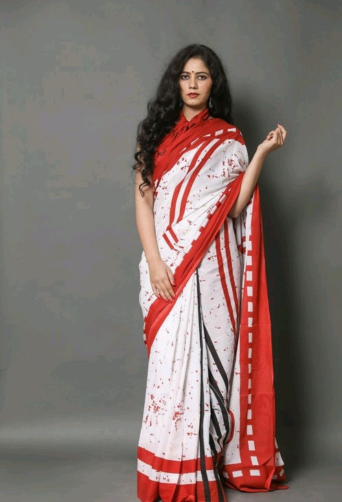 Red and White Printed Cotton Saree